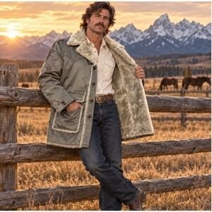 Vintage Golden Fleece Men 46 Faux Fur Lined Western Rancher Coat